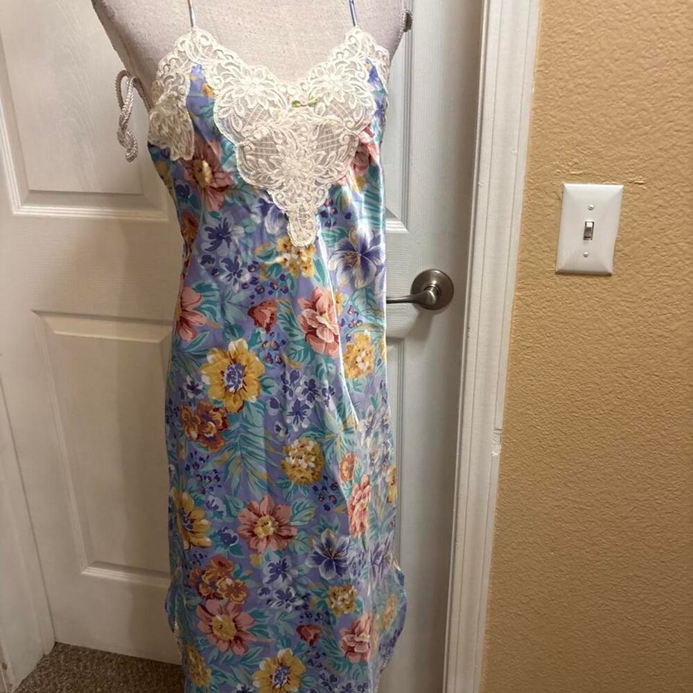 California Dynasty colorful satin maxi slip with lace. Size small
